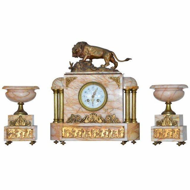 Fine Egyptian Revival Marble Doré Bronze Clock and Garnitures After Bayre - Set of 3 For Sale - Image 10 of 10