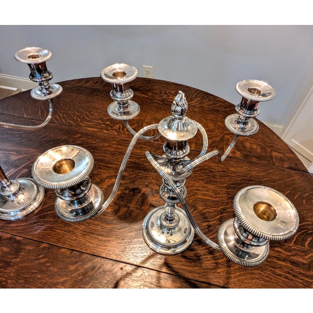 Antique Barker Ellis Silver Plated Candelabra Pair 5 Arm Convertible Gadroon England For Sale In Raleigh - Image 6 of 15