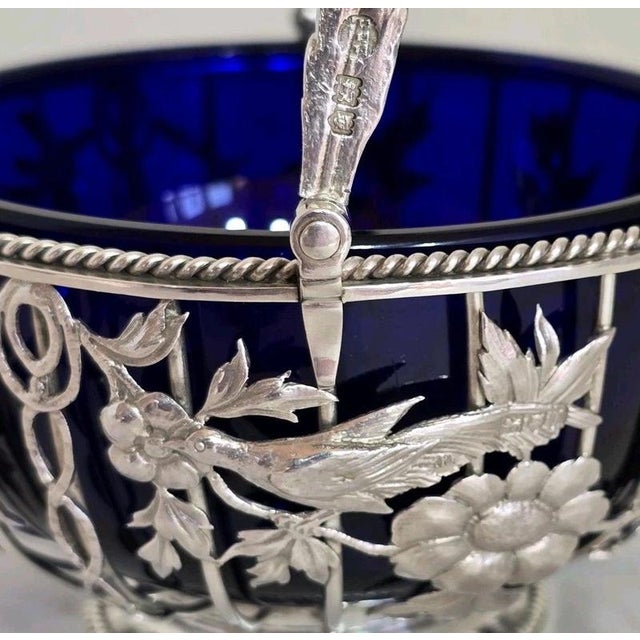 Metal George V Sterling Silver Swing Handle Basket with Blue Glass Liner, 1912 For Sale - Image 7 of 18