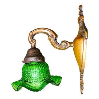 Art Nouveau Style Green Glass Tulip and Ornate Brass Wall Light For Sale