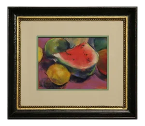 Warm Toned Colorful Realistic Watermelon and Lemon Still Life Fruit Drawing 20th Century
