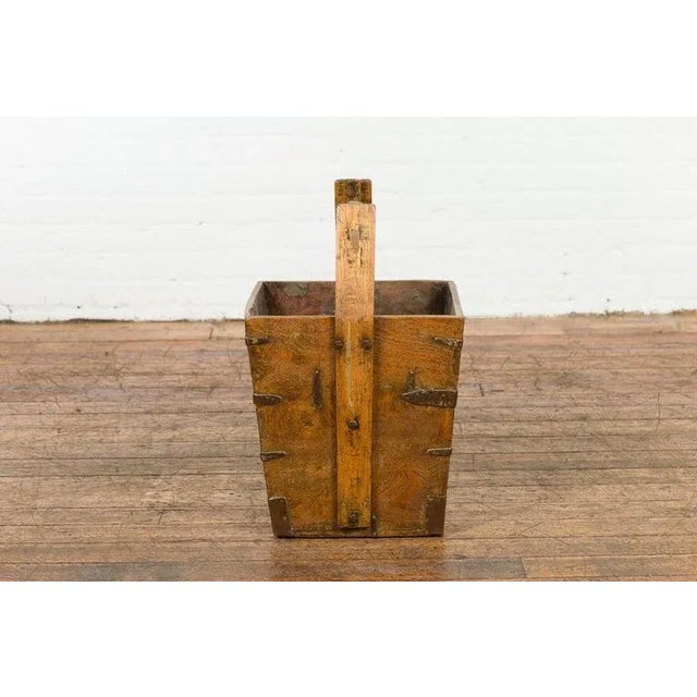 19th Century Antique Chinese Wood & Metal Grain Basket with Carrying Handle For Sale - Image 10 of 13
