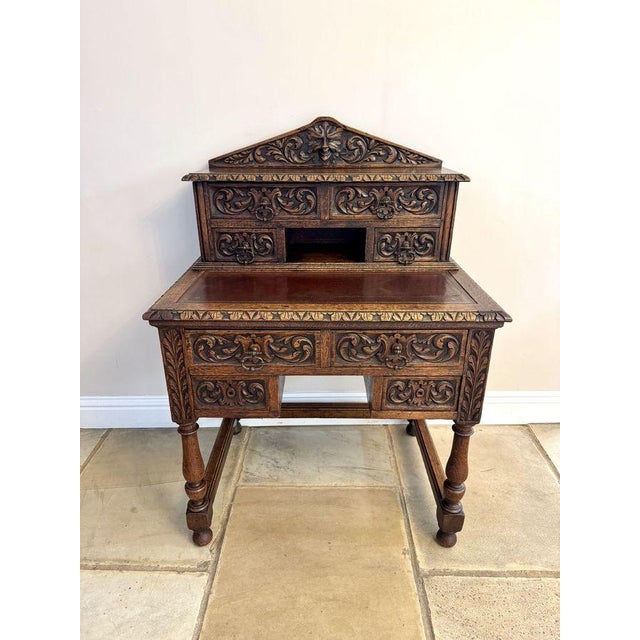 Wood Antique Victorian Carved Oak Writing Desk, 1880s For Sale - Image 7 of 7
