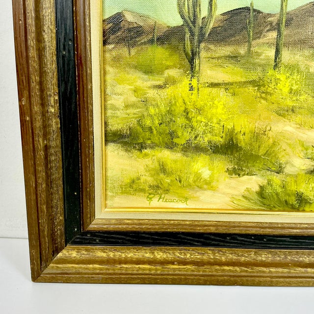 Wood 1970s Vintage Southwestern Impressionist Saguaro Landscape Folk Art Original Oil Painting, Artist Signed For Sale - Image 7 of 13