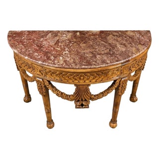 Vintage Hollywood Regency Louis XVI Style Carved Wood Demilune Console Table With Pink Marble Top For Sale