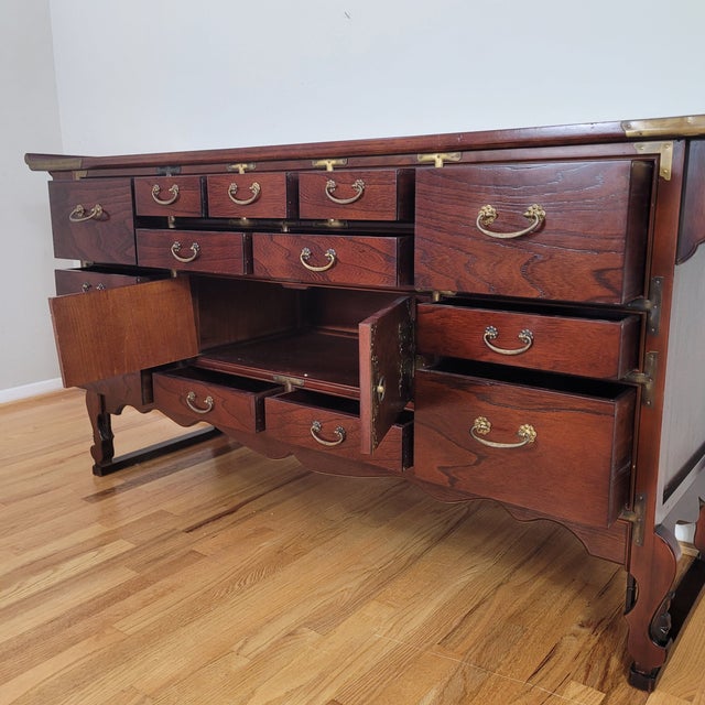 Wood Late 20th Century Korean Apothecary Tansu Chest Cabinet Sideboard Console Credenza Campaign Style For Sale - Image 7 of 14