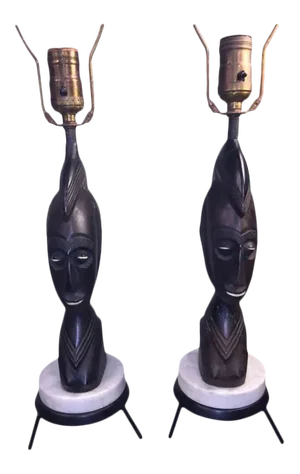 Mid-Century Carved Wood African Bust on Tripod Marble Base Lamps - a Pair