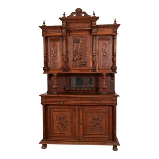 Antique French Renaissance Monumental Ornate Carved Oak Sideboard or Bar Cabinet, Circa 1890s For Sale