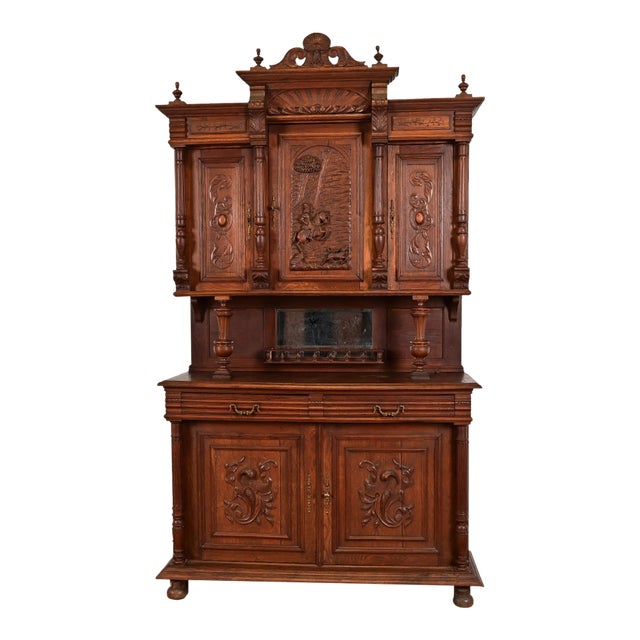 Antique French Renaissance Monumental Ornate Carved Oak Sideboard or Bar Cabinet, Circa 1890s For Sale