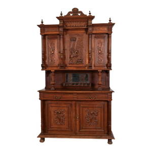 Antique French Renaissance Monumental Ornate Carved Oak Sideboard or Bar Cabinet, Circa 1890s