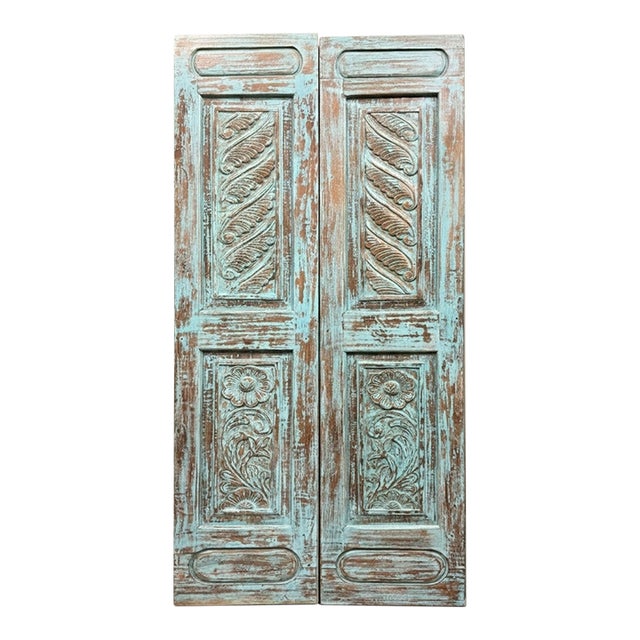 Vintage Carved Blue Floral Closet Doors – Rustic Reclaimed Wood Double Doors 80x35 For Sale