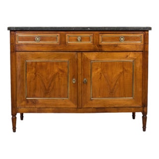 19th Century French Louis XVI Style Walnut Buffet With Black Marble Top & Brass For Sale