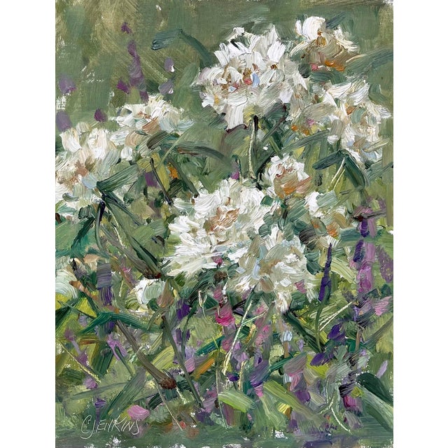 This oil painting captures a vibrant garden scene, featuring clusters of lush white flowers amidst a backdrop of rich...