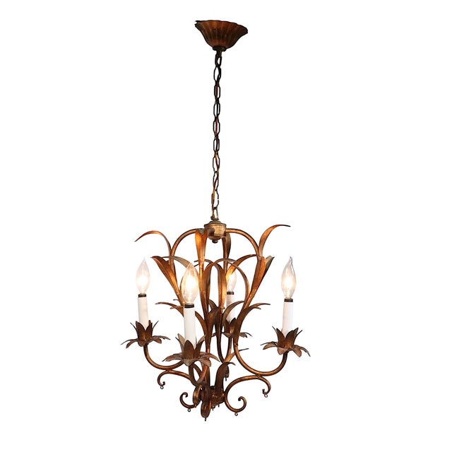 Italian Gilt Metal Foliate Chandelier C. 1940/60's For Sale - Image 4 of 12