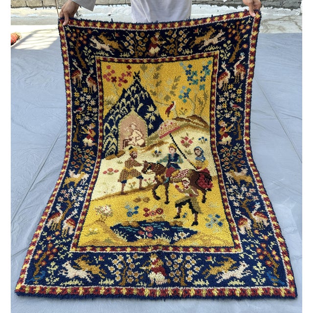 2000 - 2009 Gold & Navy Pictorial Hunting Scene Hand-Knotted Wool Rug - 3'1" X 4'6" For Sale - Image 5 of 10