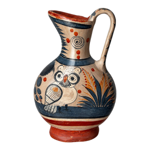 Mexican Folk Art Hand-Painted Owl and Floral Pottery Pitcher