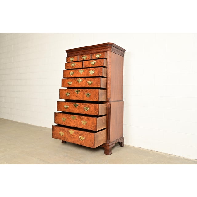Baker Furniture Historic Charleston Chippendale Carved Mahogany and Burl Wood Eleven-Drawer Highboy Dresser For Sale In South Bend - Image 6 of 14