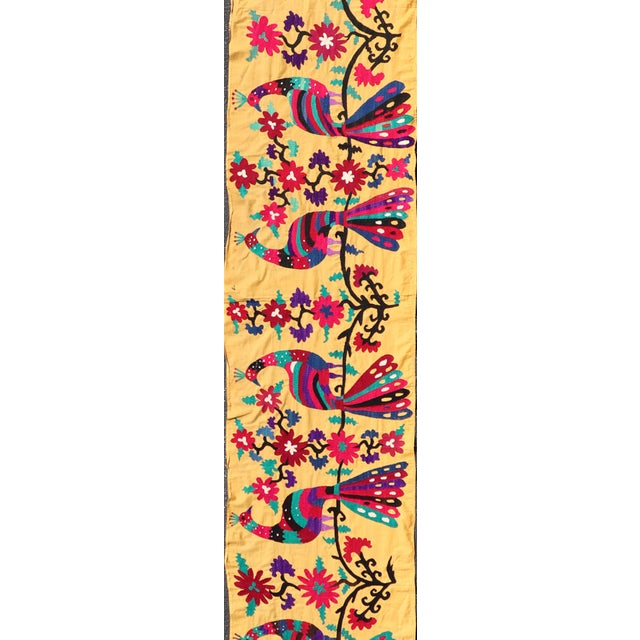 Antique Uzbekistan Suzani Runner With Colorful Peacock and Botanical Design For Sale - Image 4 of 14