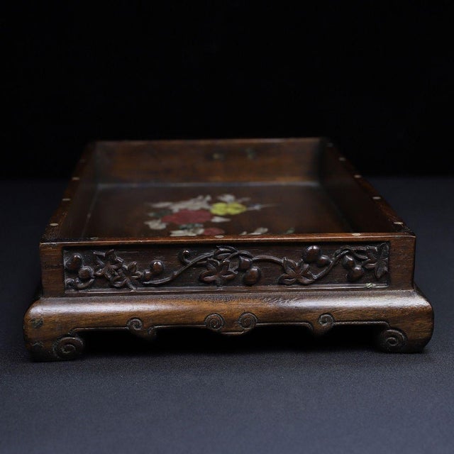 Wooden Tea Tray With Mother-of-Pearl Floral and Bird Inlay For Sale In Los Angeles - Image 6 of 10