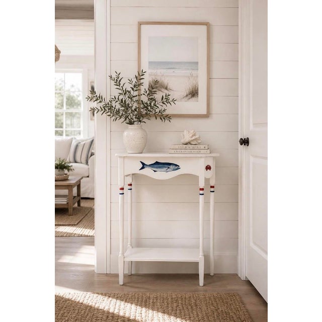Off-white Coastal Story Console Table | Crab and Fish Design Small Entryway Table - Solid Wood For Sale - Image 8 of 8