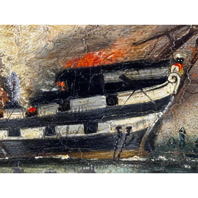 Victorian British Naval Marine Oil Painting HMS Bombay on Fire Off Montevideo 1864 After Beechey For Sale - Image 14 of 18