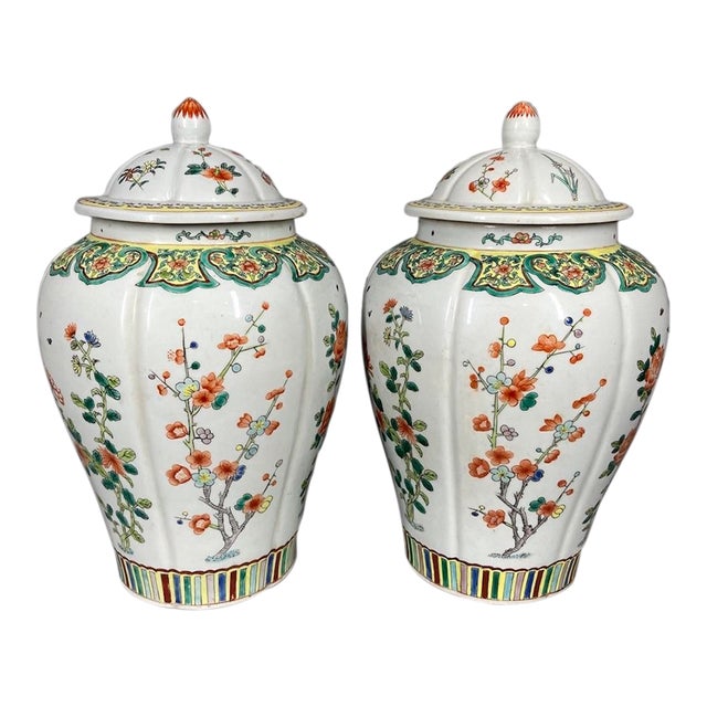 Mid 20thC Chinese Famille Verte Porcelain Vases - Pair For Sale