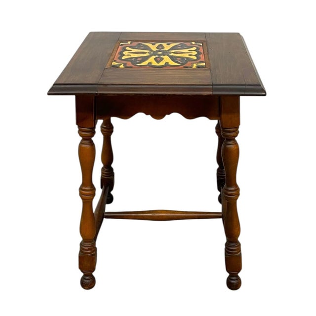 Vintage Tile Top Side Table With Turned Legs and Wood Frame For Sale - Image 4 of 11