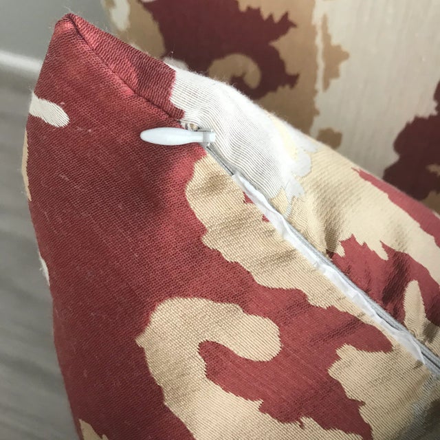 Modern Large 22” Cream Red and Gold Satin Floral Pillowcases - a Pair For Sale - Image 3 of 5