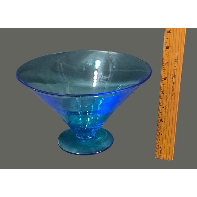 Mid 20th Century Vintage Mid-Century Modern Blue Glass Attributed Blenko Compote Pedestal Vase For Sale - Image 5 of 6