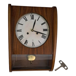 Vintage Teak Mechanical Pendulum Wall Clock Mid‑Century Modern Ejs Dial For Sale