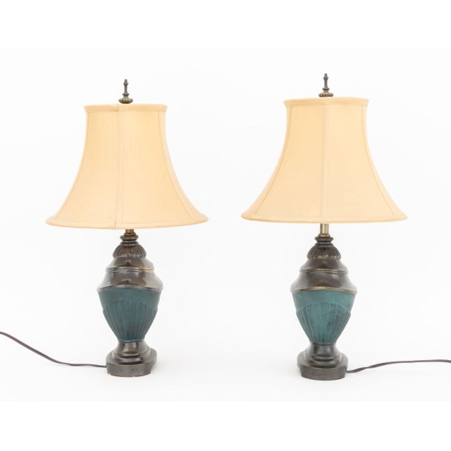 Pair of Neoclassical Style Patinated and Verdigris Bronzed Metal Table Lamps, each urn form atop a Chinoiserie style base...
