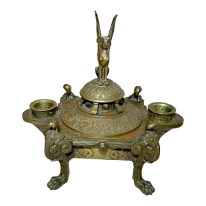 Antique Ornate 19th Century Bronze Egyptian Revival Candelabra Desk Jar Sphinx