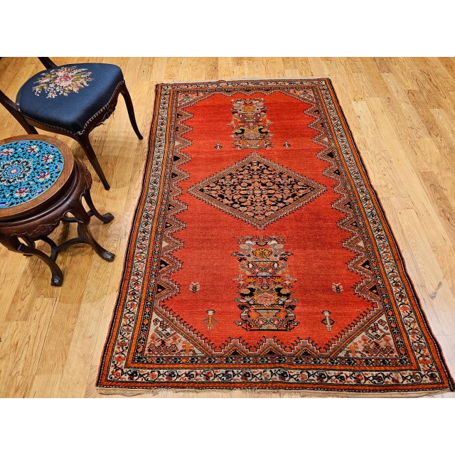 Vintage Persian Malayer Area Rug, Hand-Knotted Wool, Geometric Tribal Pattern, 4x7, Terracotta & Navy For Sale - Image 11 of 18