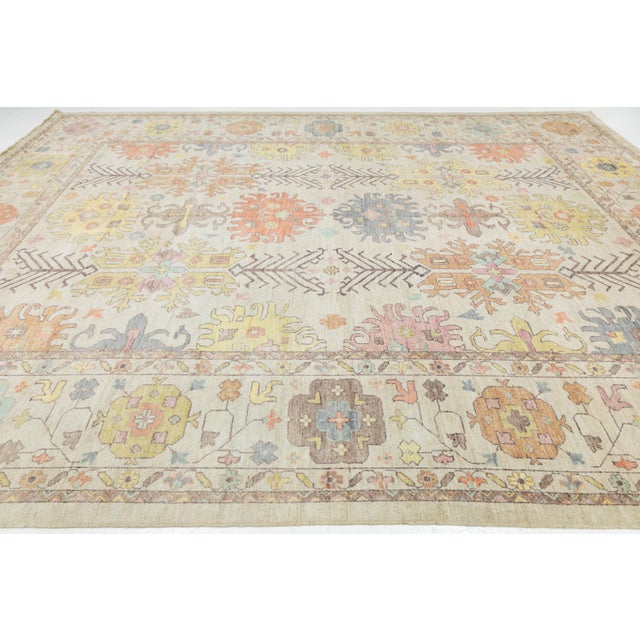 12x16 Hand-Knotted Modern Oushak Style Area Rug Pastel Geometric Tribal Wool Rug For Sale - Image 9 of 10