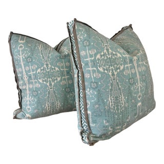 Large Lacefield Designs Aqua Bombay Mist Ikat Pillow Pair With Down Inserts For Sale