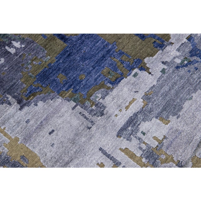 Textile Modern Abstract Indian Handmade Blue Wool and Silk Rug For Sale - Image 7 of 11