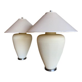 Post Modern Memphis Style Minimalist Sculptural Textured Corrugated Gregory Van Pelt Lamps and Linen Shades-A Pair For Sale