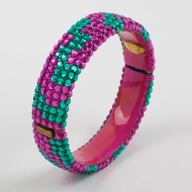 Richard Kerr Richard Kerr Pink and Turquoise Crystal Jeweled Clamper Bracelet Bangle For Sale - Image 4 of 8