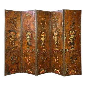 Large Five Panel Dutch Leather Chinoiserie Screen