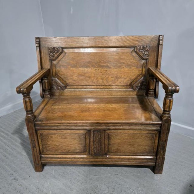 Vintage Oak Monks Bench, 1920 For Sale - Image 13 of 13