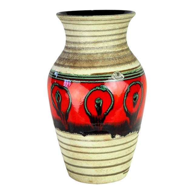 1970s German Fat Lava Red and Green Eye Vase For Sale