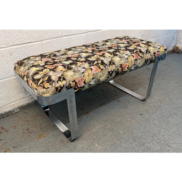Mid 20th Century Milo Baughman Style Floral Upholstered Chrome Bench For Sale In New York - Image 6 of 9