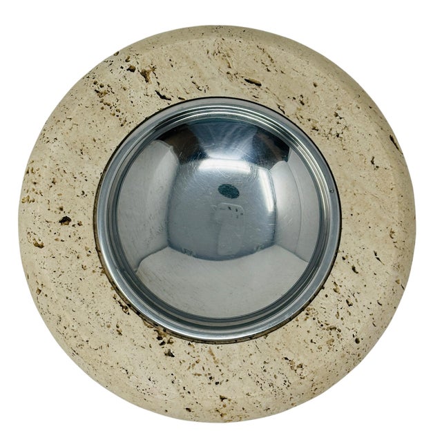1970s 1970s Marble Art Italian Travertine & Chrome 8" Centerpiece Ashtray For Sale - Image 5 of 12