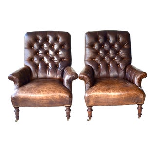 Beautiful Leather Tufted Club Chair Pair For Sale