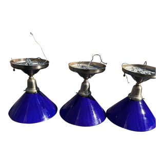1920s Brushed Nickel Flush Mount Fixtures With Vintage Cased Blue Shades - Set of Three For Sale