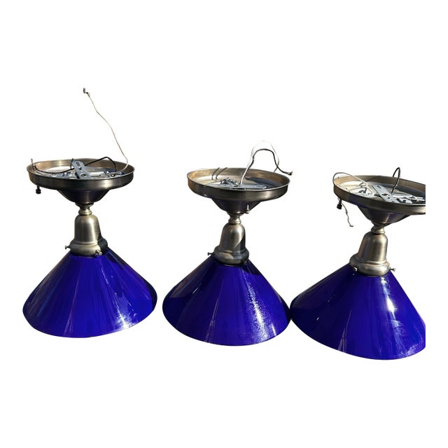 1920s Brushed Nickel Flush Mount Fixtures With Vintage Cased Blue Shades - Set of Three For Sale