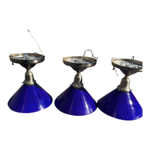 1920s Brushed Nickel Flush Mount Fixtures With Vintage Cased Blue Shades - Set of Three