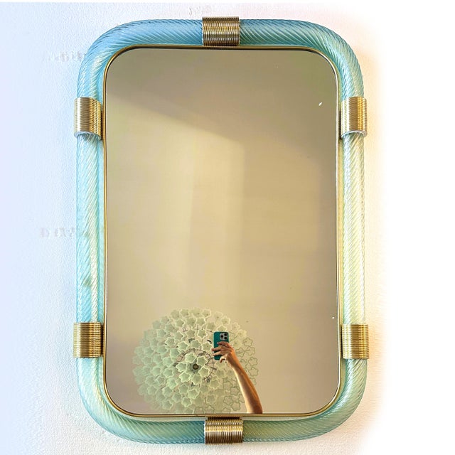 Mid-Century Modern Luxury Azzure "Torchon- Torciglione" Murano Glass Wall Mirror For Sale - Image 3 of 7