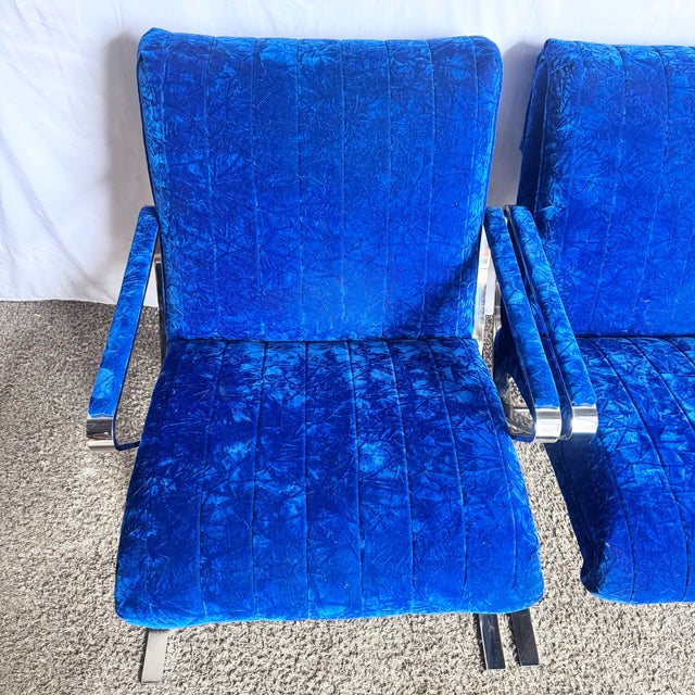 Metal Mid Century Modern Chrome Scissor X Lounge Chairs With Blue Fabric - A Pair For Sale - Image 7 of 12