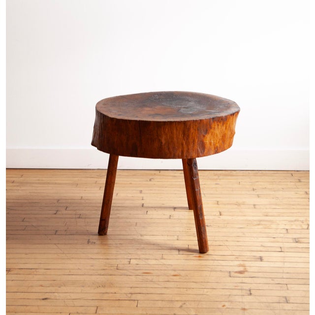 Fantastic tripod butcher block table. Likely 19th century American. Difficult to find a better example. Remarkable patina.